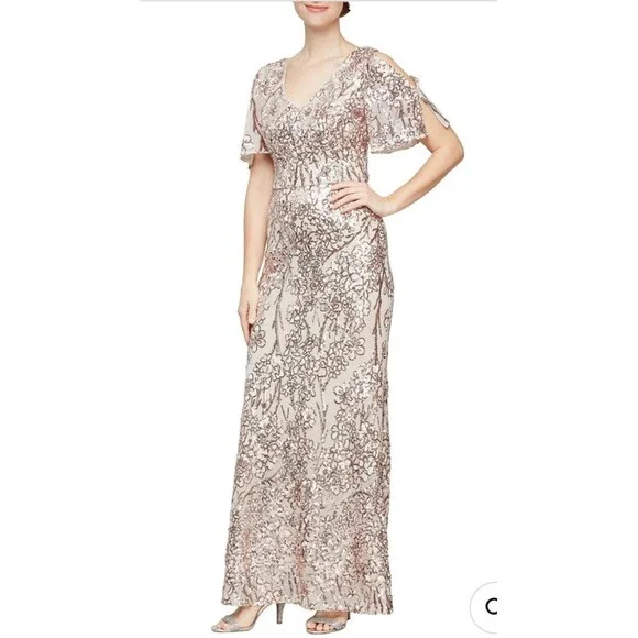 Alex Evenings V-Neck Sequin Dress with Cold Shoulder Flutter Sleeve Sand / 12 Alex Evenings V-Neck Sequin Dress with Cold Shoulder Flutter Sleeve Sand / 12